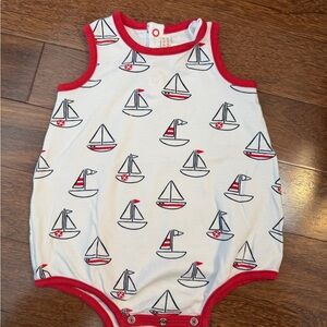 The Beaufort Bonnet Company Red and White Sailboat Bodysuit